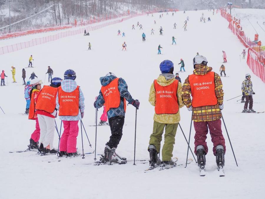 A ski group wearing coloured vests on a practice slope.