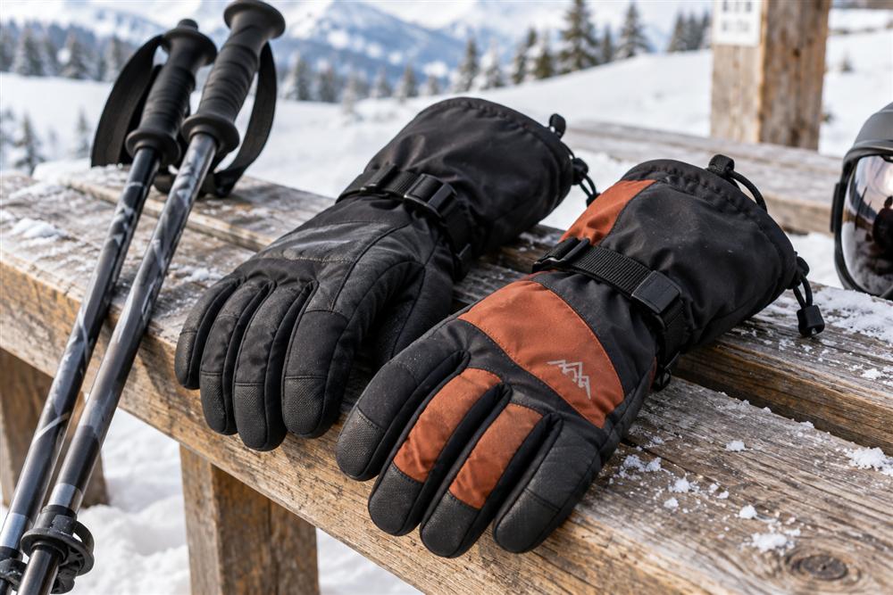 Insulated ski gloves with long snow cuffs beside ski poles
