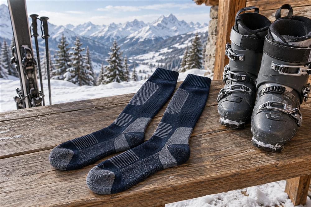 Long technical ski socks on a wooden bench beside ski boots