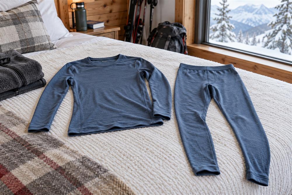 A long-sleeved thermal base layer top and full-length leggings laid on a bed