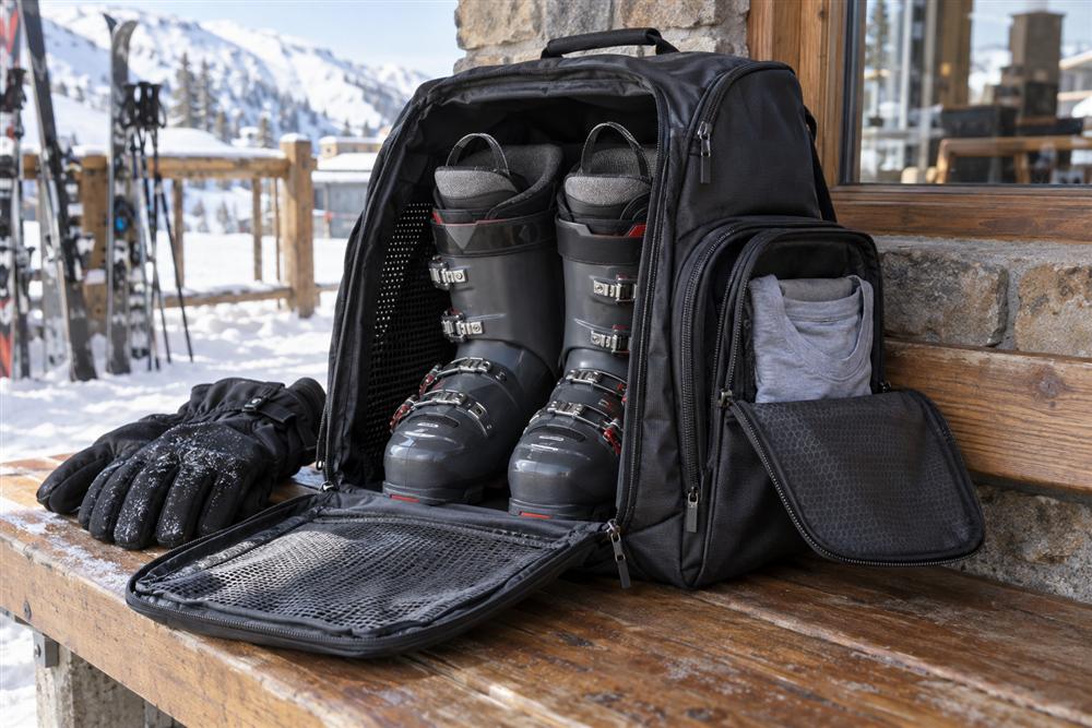 An open ski boot bag with ski boots and a separate pocket holding dry clothing