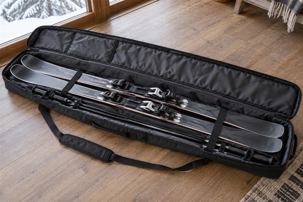 A long padded ski travel bag containing a pair of skis and poles